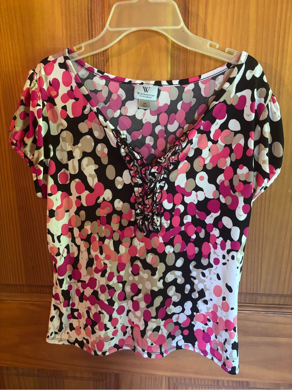 Worthington Pink, Black & White Abstract Dot Ruffle V-Neck Tee